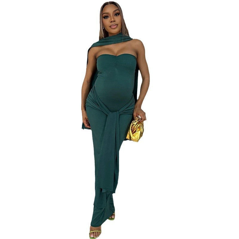 Elegant women's solid color pleated straps slim fishtail skirt one-shoulder neck tube top sexy dress