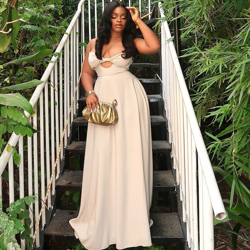 Women's soft pure color light princess dress elegant temperament sling sleeveless long dress