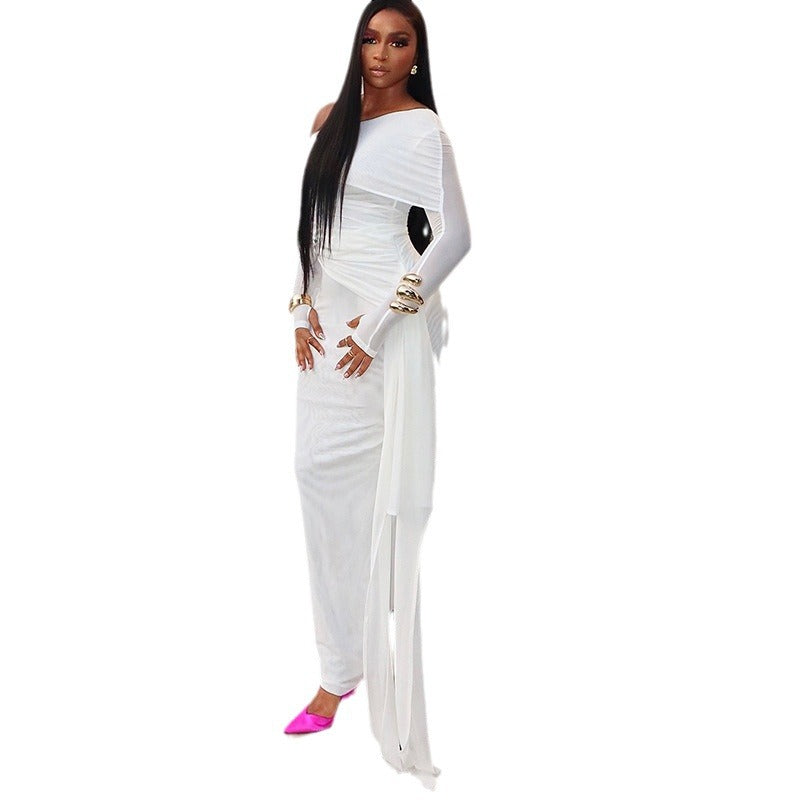 Women's solid color dress sexy off-shoulder long-sleeved mesh stitching temperament dress