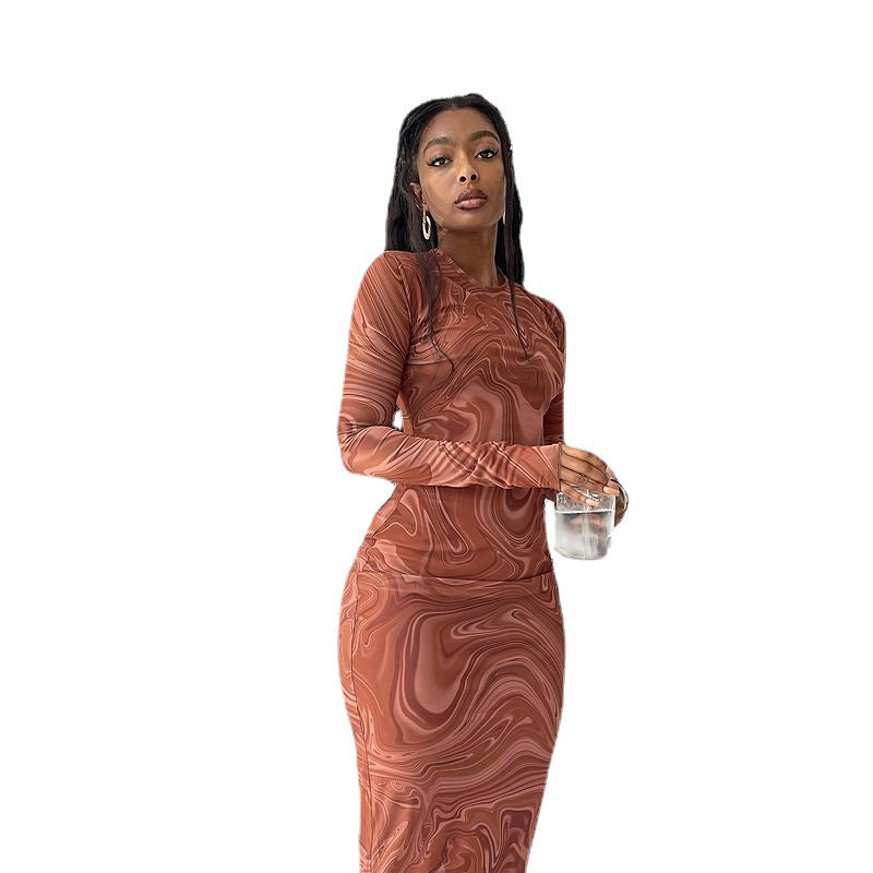 Wind tight mid-length dress round neck short sleeves long sleeves printed hip-wrapped pullover