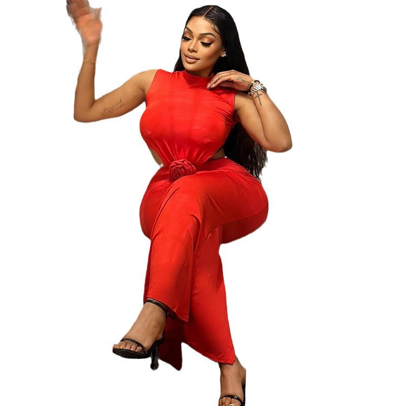 Women's Fashion Solid Color Dress Sexy Round Neck Sleeveless Waist-baring Backless One-Step Long Dress