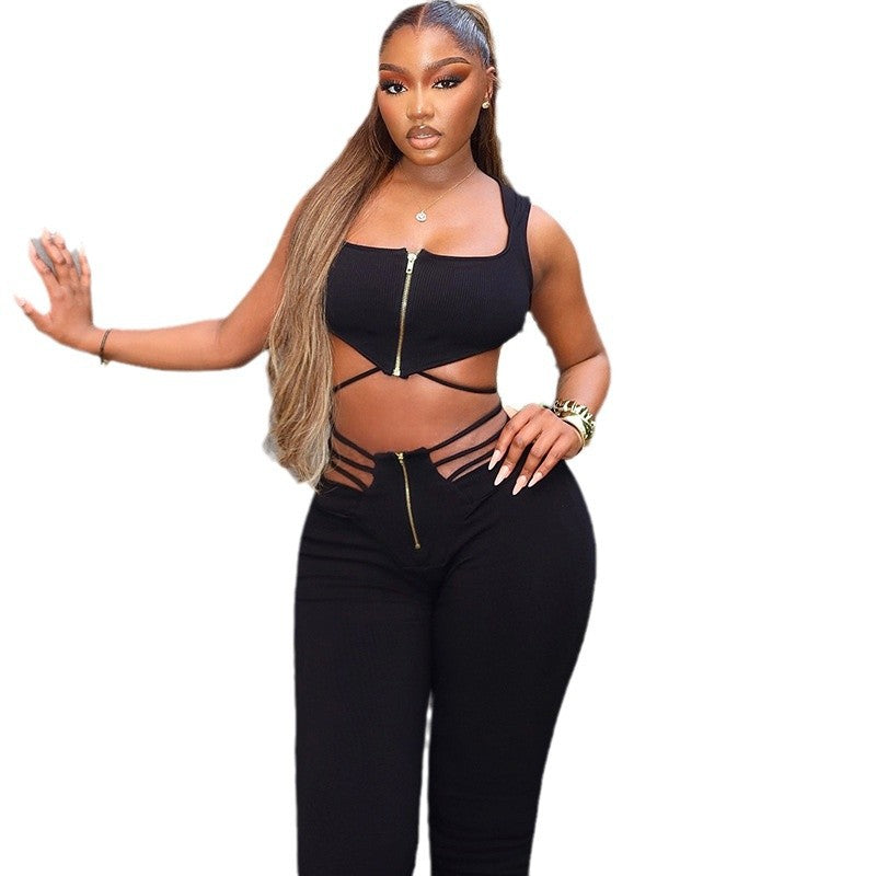 New style women's sexy black sleeveless top high waist strap tight sports pants suit