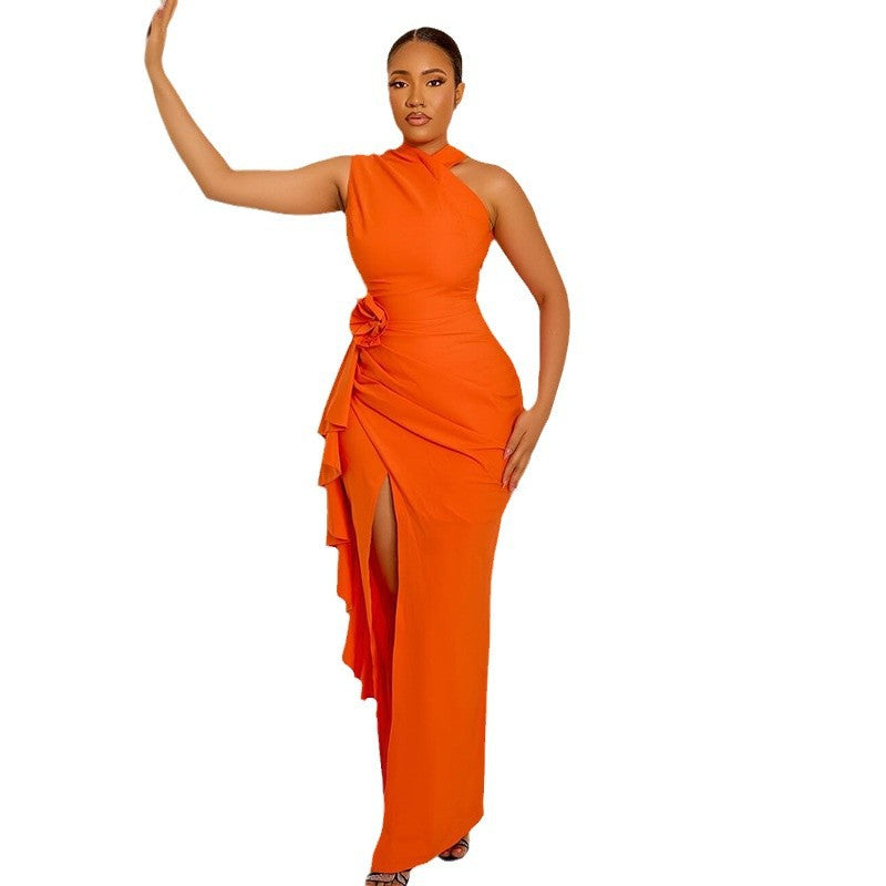 Solid color women's elegant slim fit pleated slit off-shoulder irregular skirt sleeveless high collar dress