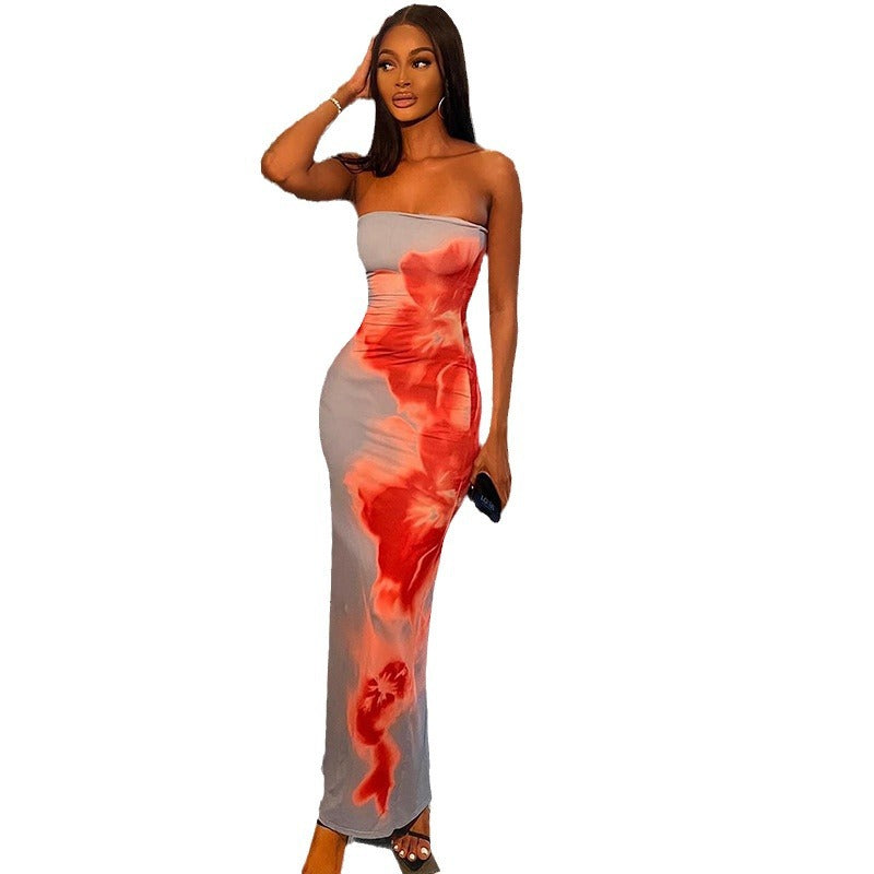Women's Fashion Printed Dress Sexy One Shoulder Sleeveless One Step Dress