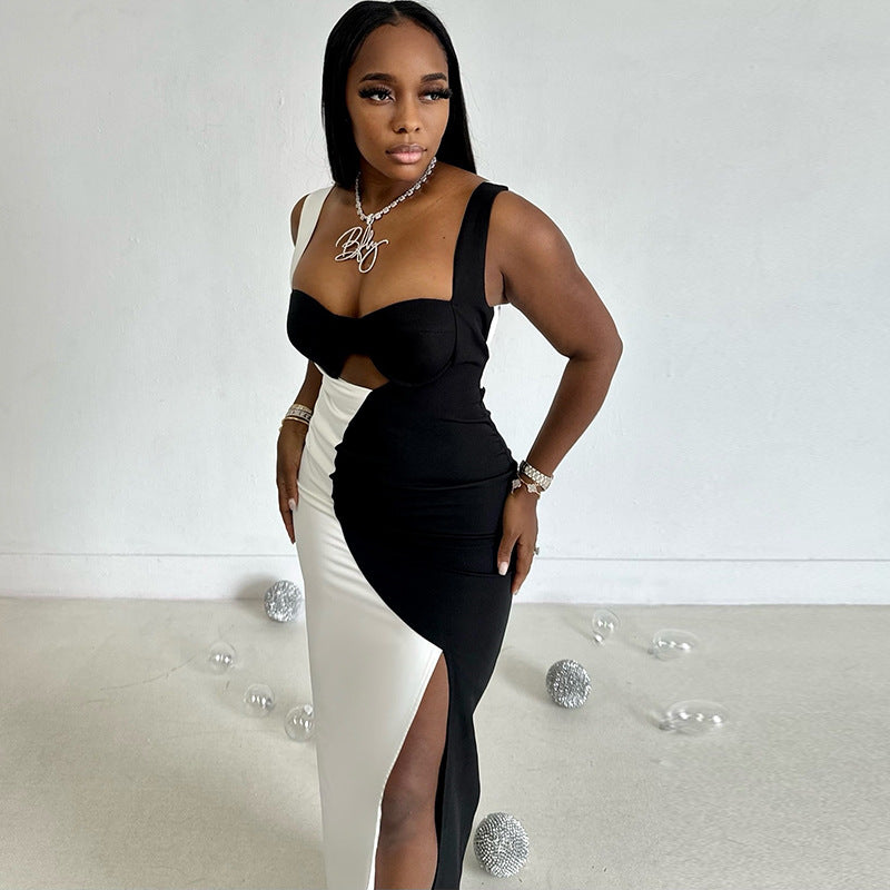 Fashion women's black and white color matching backless suspender skirt pleated sleeveless collarless slit long dress