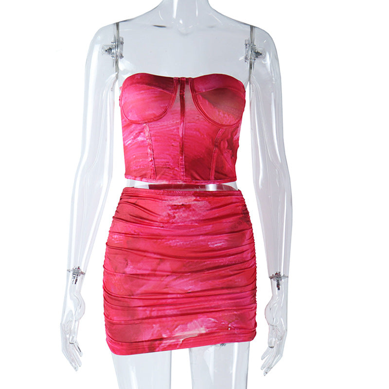 Fashion women's sexy wrapped chest printed small vest dress two-piece suit