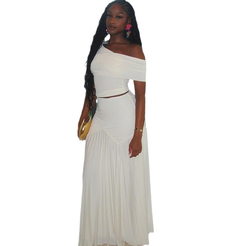 Women's solid color skirt suit sexy sleeveless one shoulder small vest pleated skirt