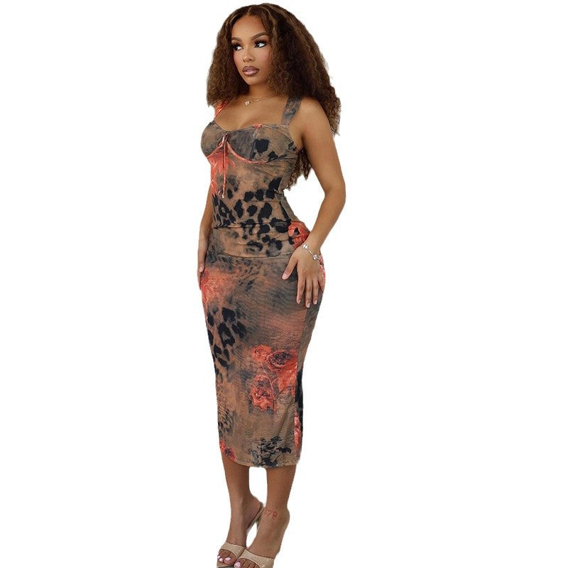 Women's Printed Dress Sexy Suspender Wrap Chest Backless Sleeveless Dress