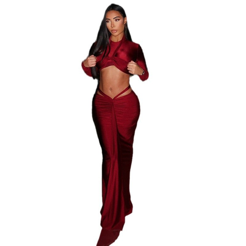 Women's solid color fashionable sexy skirt suit long sleeve long skirt round neck slim fit two-piece suit
