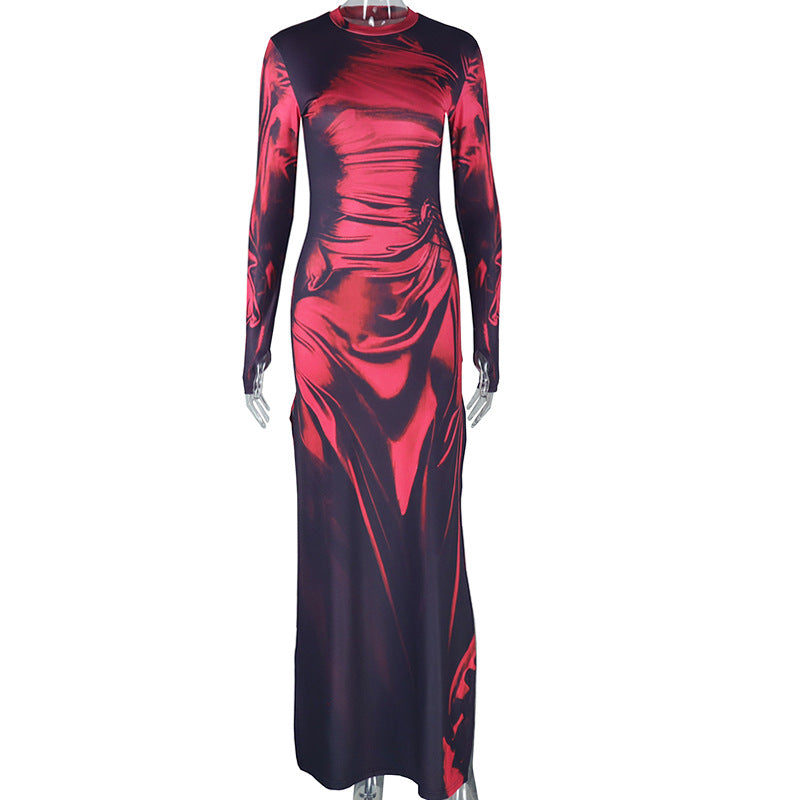 Fashionable and elegant tight skirt high collar long sleeve pleated slit long dress sweet solid color women's clothing