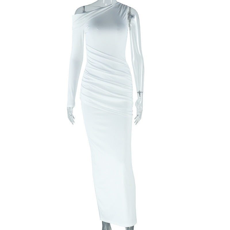 Women's solid color dress sexy off-shoulder single sleeve slit temperament casual dress