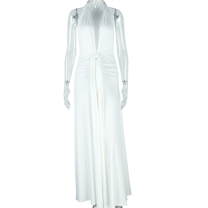Women's solid color sexy sleeveless halter neck lace-up backless slit temperament long skirt