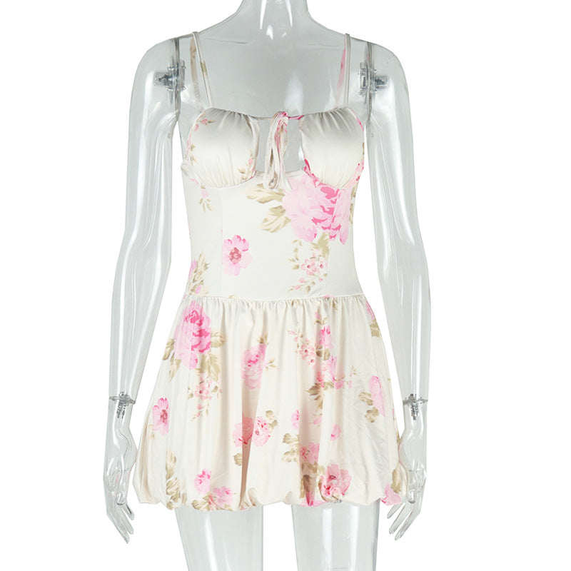Summer new style elegant style fashion print high waist design short suspender princess dress for women
