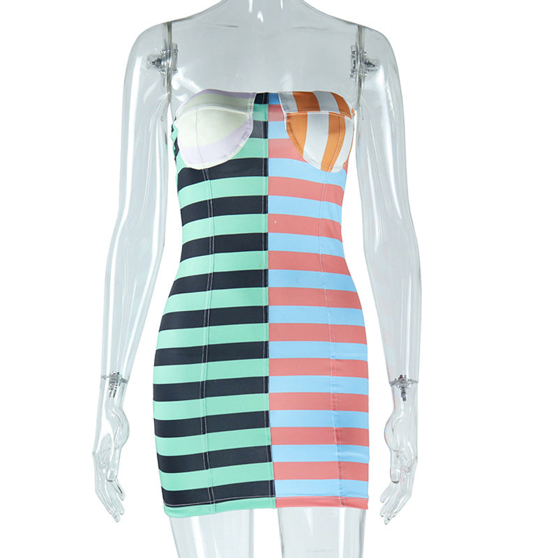 Sexy sleeveless colorful striped fashion print dress casual hip skirt for women