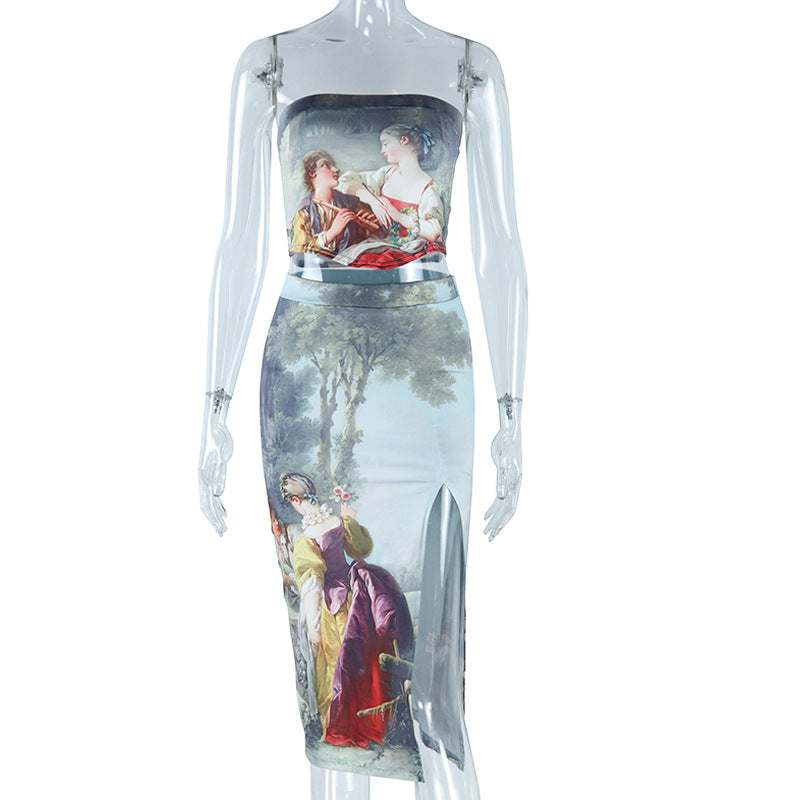 Fashion character print sexy backless wrap chest slit skirt hip skirt two piece suit for women