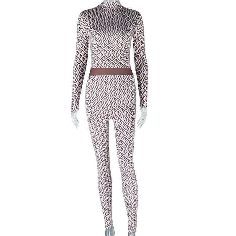 Women's Fashion Print Streetwear Round Neck Long Sleeve Trousers Bodysuit Fitness Jumpsuit Women