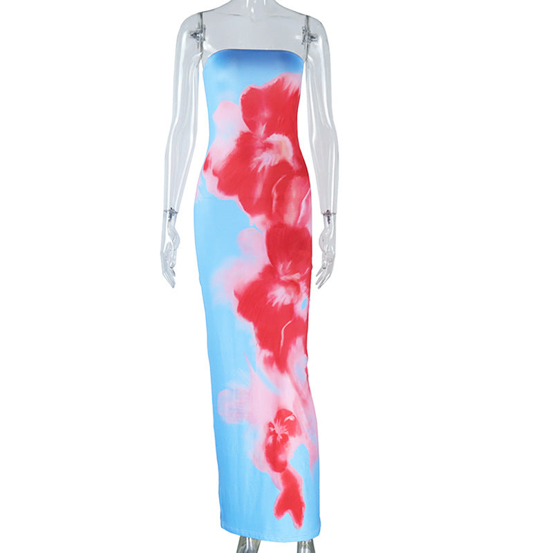 Women's Fashion Printed Dress Sexy One Shoulder Sleeveless One Step Dress