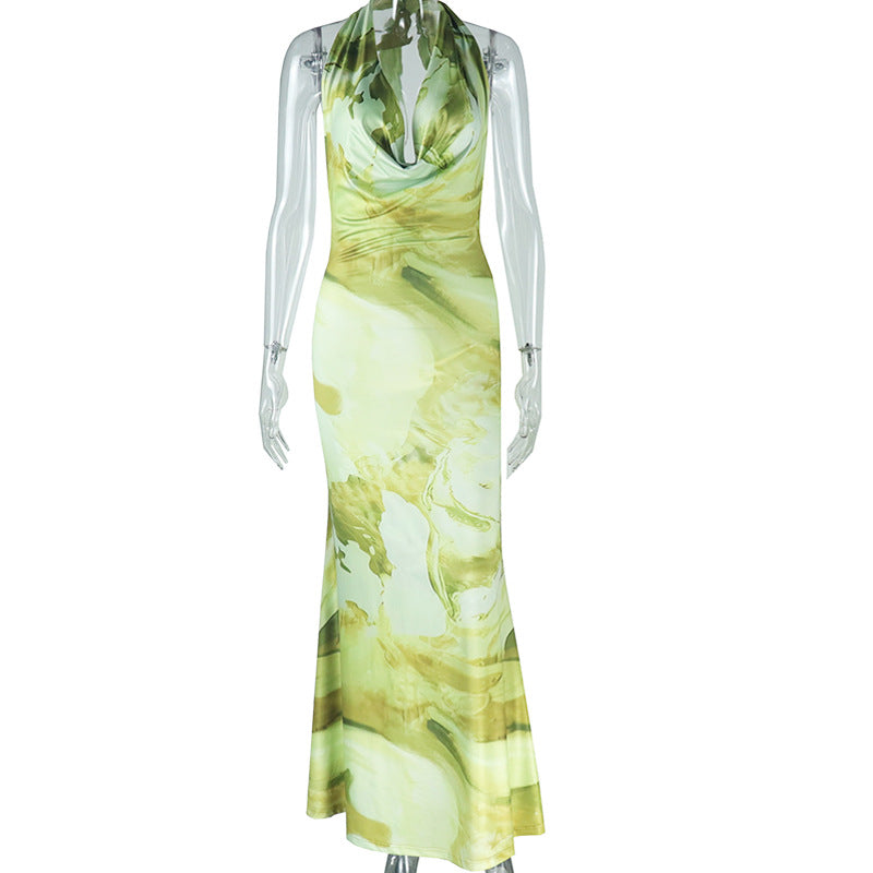 Fresh women's fashion print backless elegant fishtail skirt Slim deep V neck halter dress