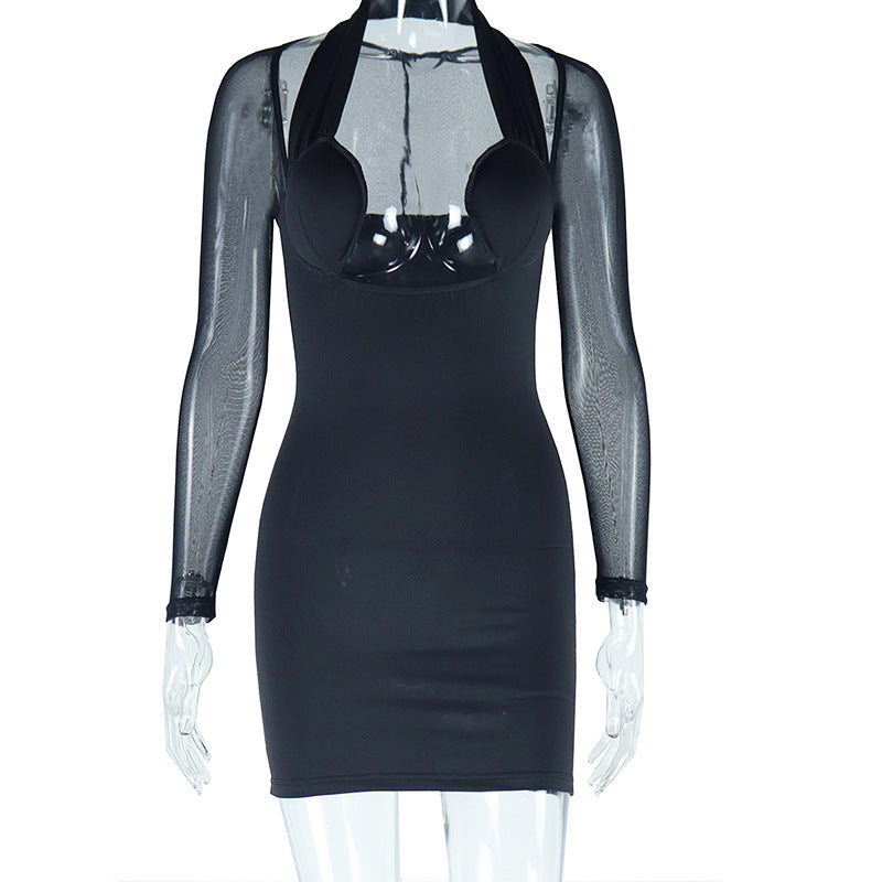 Women's sexy halter neck mesh stitching long-sleeved dress street pullover hip skirt