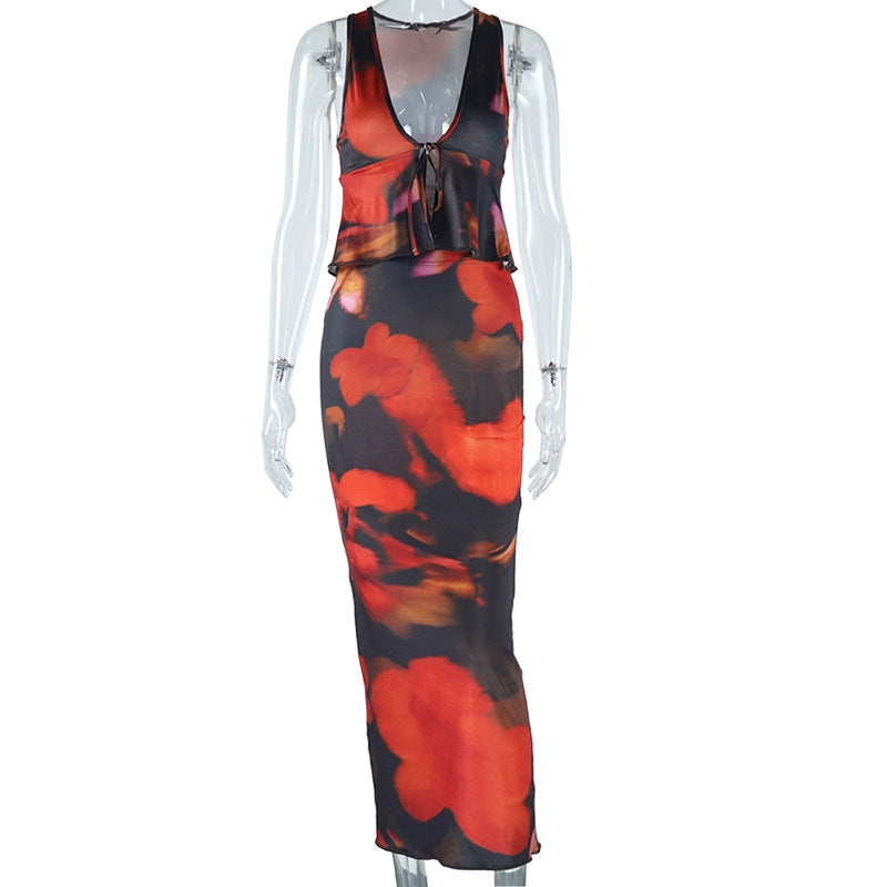 Fashion print suit sexy suspenders lace up small vest hip skirt two piece suit