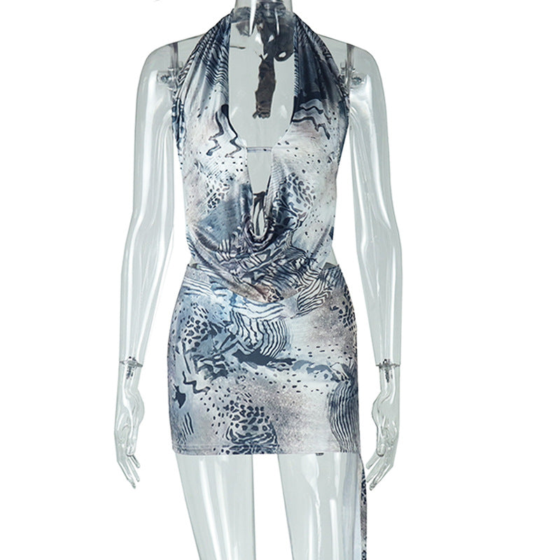 Tight skirt suit halter neck V-neck backless sleeveless design top 3D printing hip skirt two-piece suit