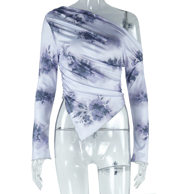 Women's long-sleeved new T-shirt tie-dye print off-shoulder oblique collar irregular hem