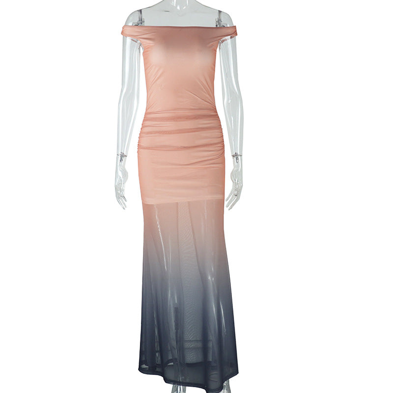 Elegant women's clothing gradient color matching slim fit tube top one-step skirt one-shoulder collar raglan sleeve long dress