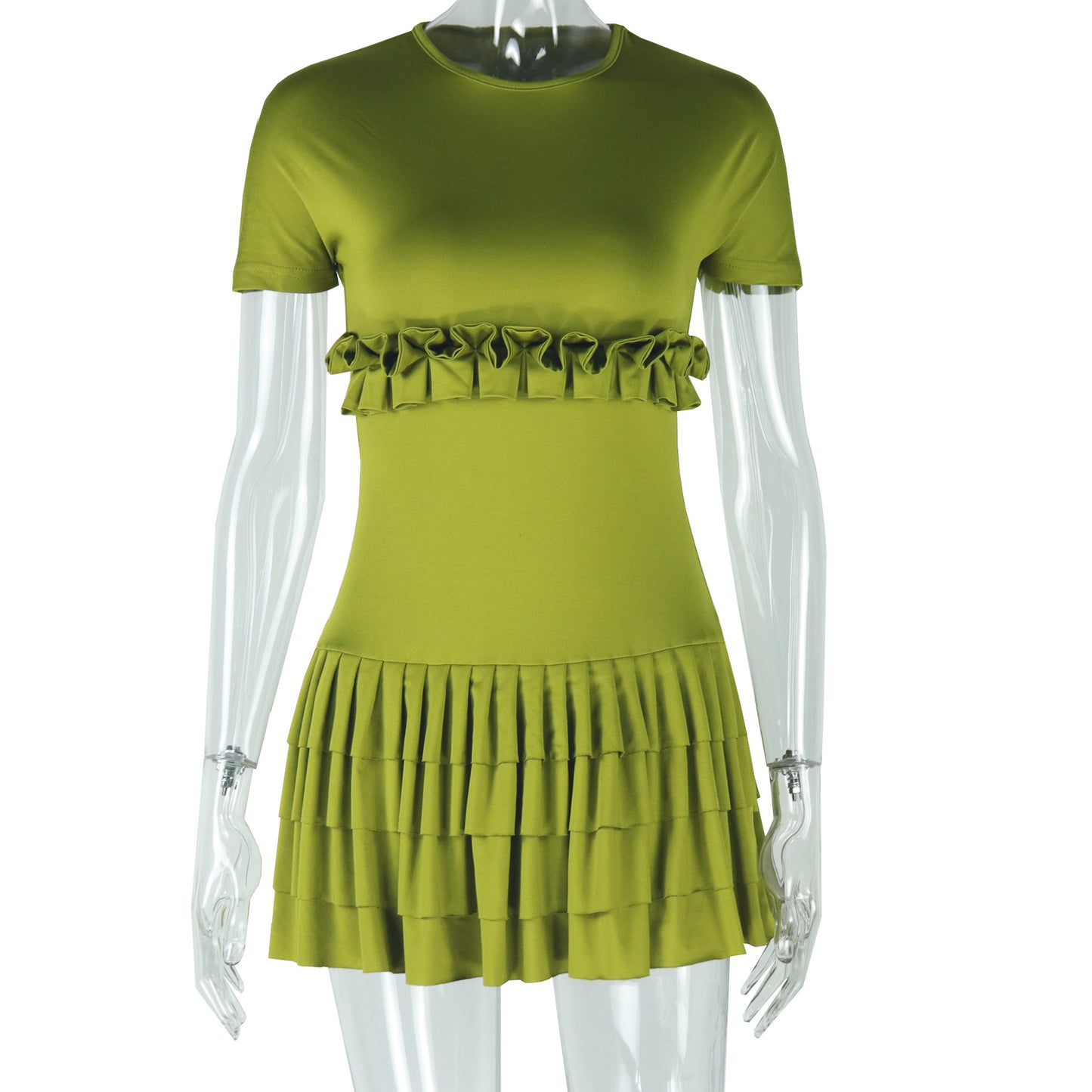 Fashion solid color tight sweet fresh pleated skirt short sleeve round neck short dress