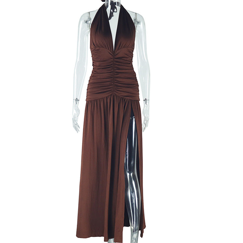 Women's solid color dress sexy sleeveless deep V-neck slit temperament casual waist skirt