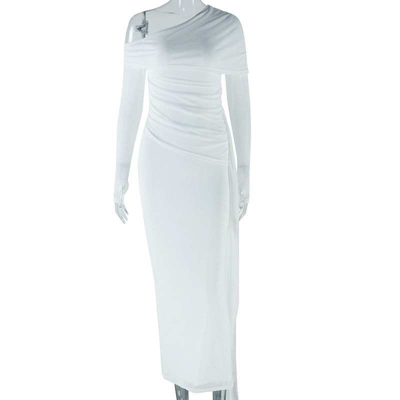 Women's solid color dress sexy off-shoulder long-sleeved mesh stitching temperament dress