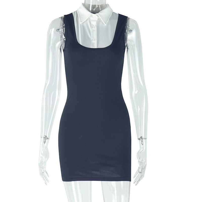 Women's Fashion Elegant Fake Two-piece Solid Color Hip Skirt Sleeveless Round Neck