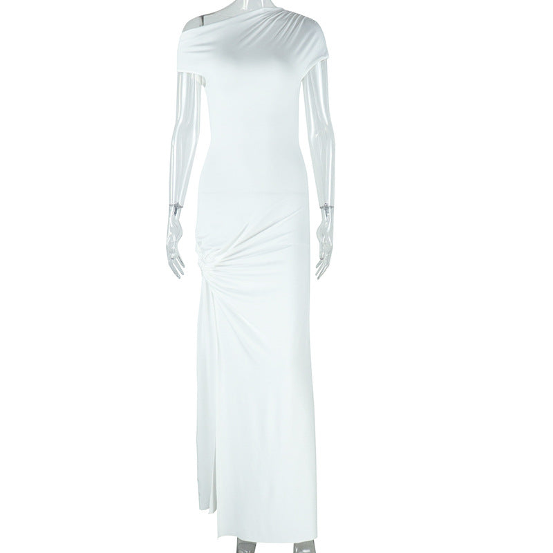 Women's solid color dress with oblique collar and short sleeves, sexy and irregular slit temperament skirt