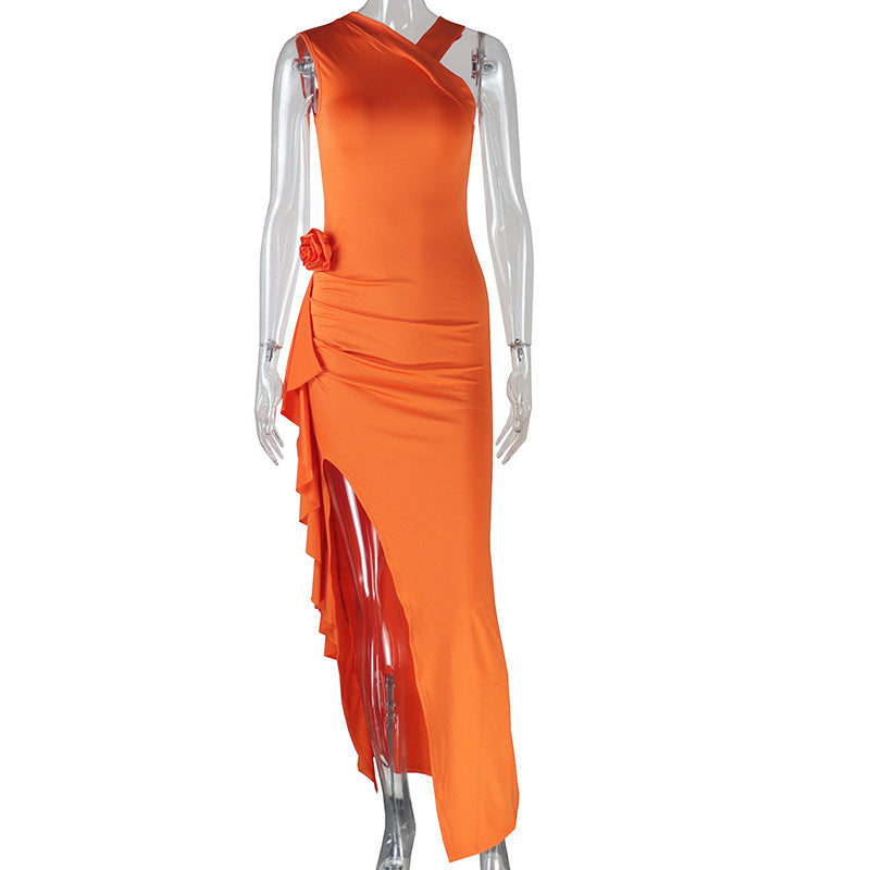 Solid color women's elegant slim fit pleated slit off-shoulder irregular skirt sleeveless high collar dress