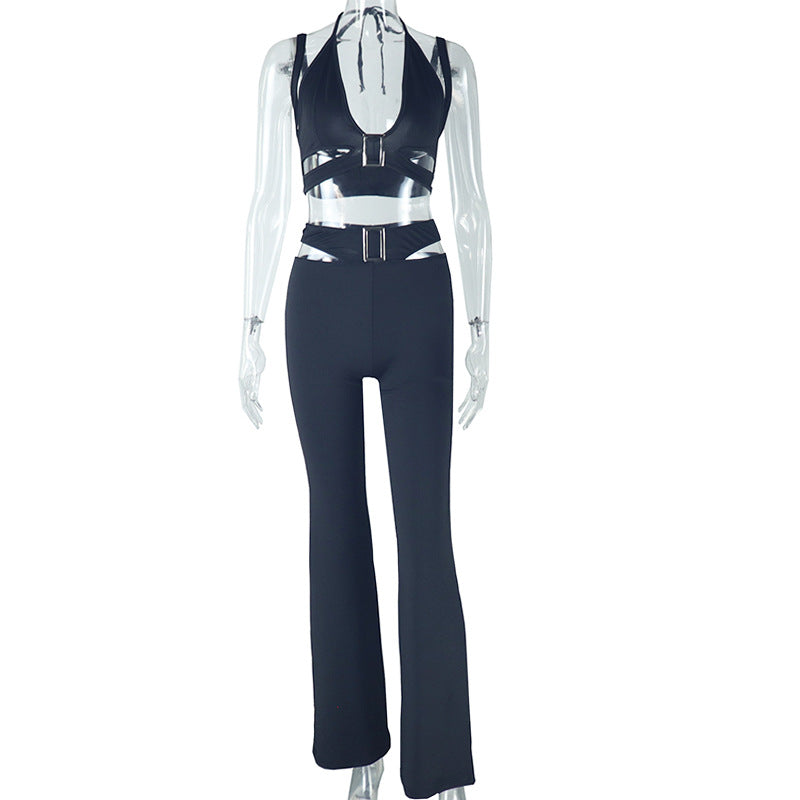 Women's solid color suit sexy halter neck vest metal decoration trousers sports suit