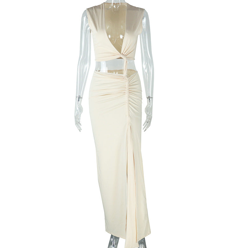 Women's Fashion Solid Color Dress Slanted V-neck Exposed One Shoulder Sleeveless Irregular