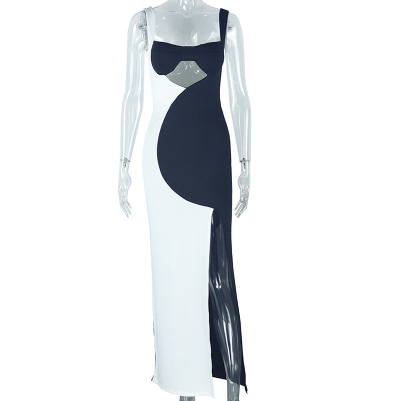 Fashion women's black and white color matching backless suspender skirt pleated sleeveless collarless slit long dress