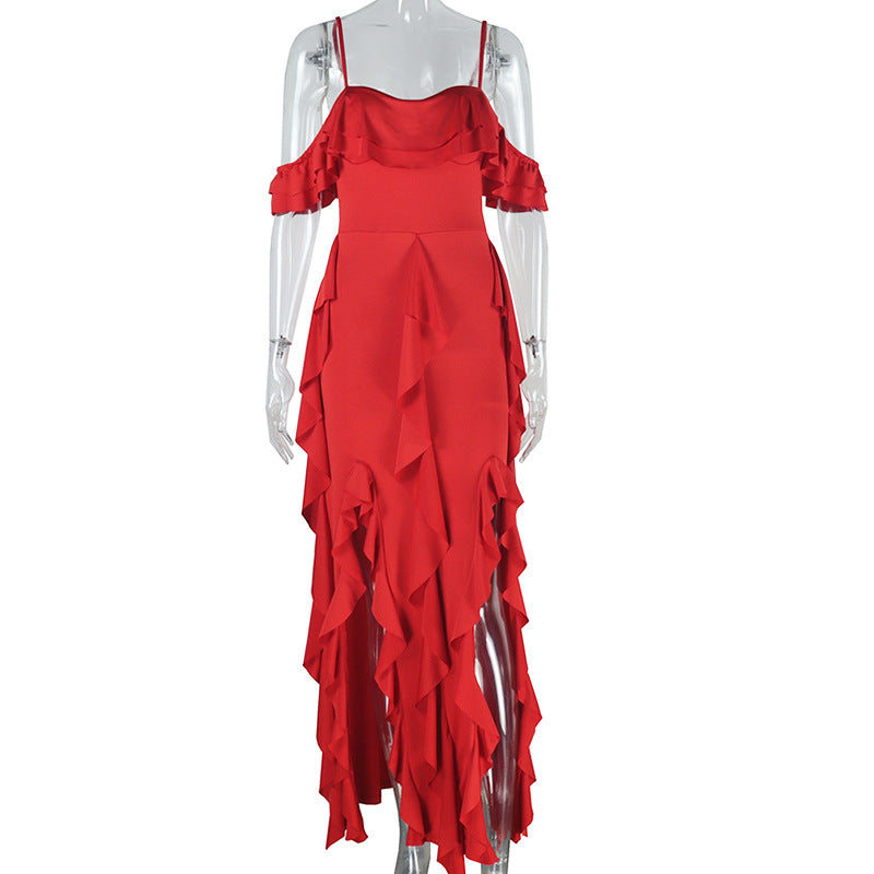 Women's Fashion Solid Color Dress Sexy Suspender Sleeveless Ruffle Irregular Long Skirt