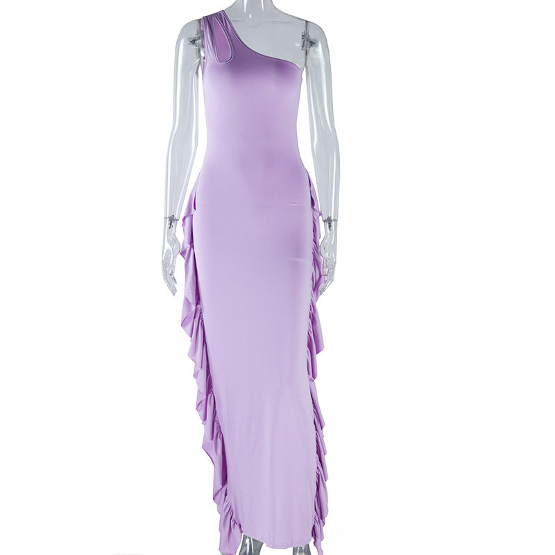 Women's solid color sexy oblique collar dress sleeveless exposed backpack hip one step skirt
