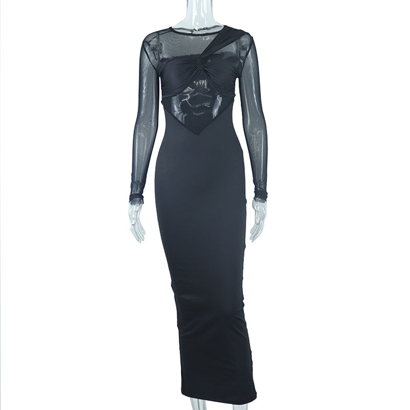 Ladies new round neck mesh stitching long sleeves mid-length tight dress