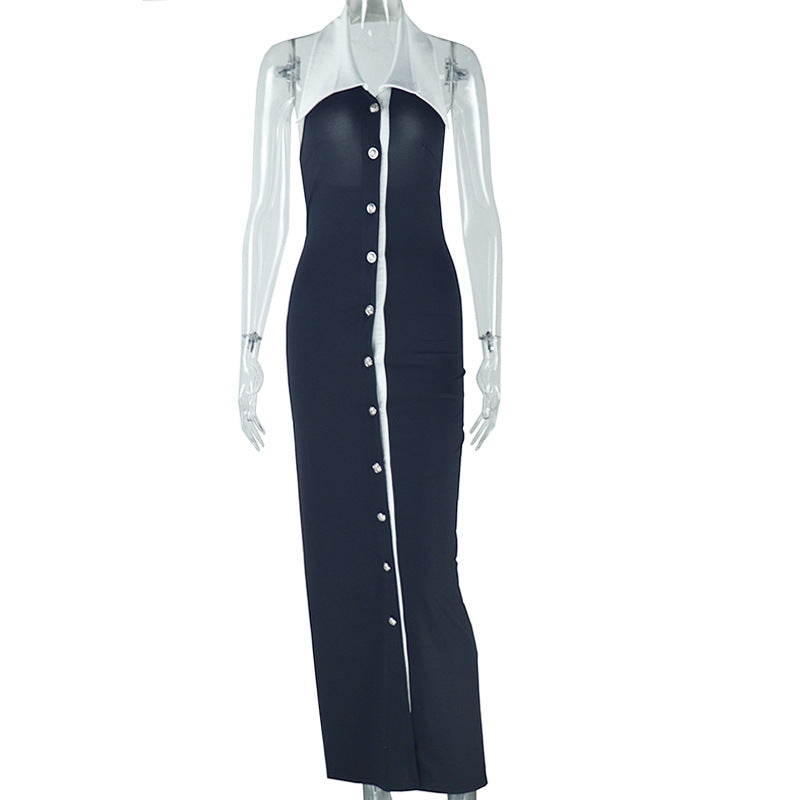Women's Fashion Dress Temperament Lapel Colorblock Button Sleeveless Casual One-Step Skirt