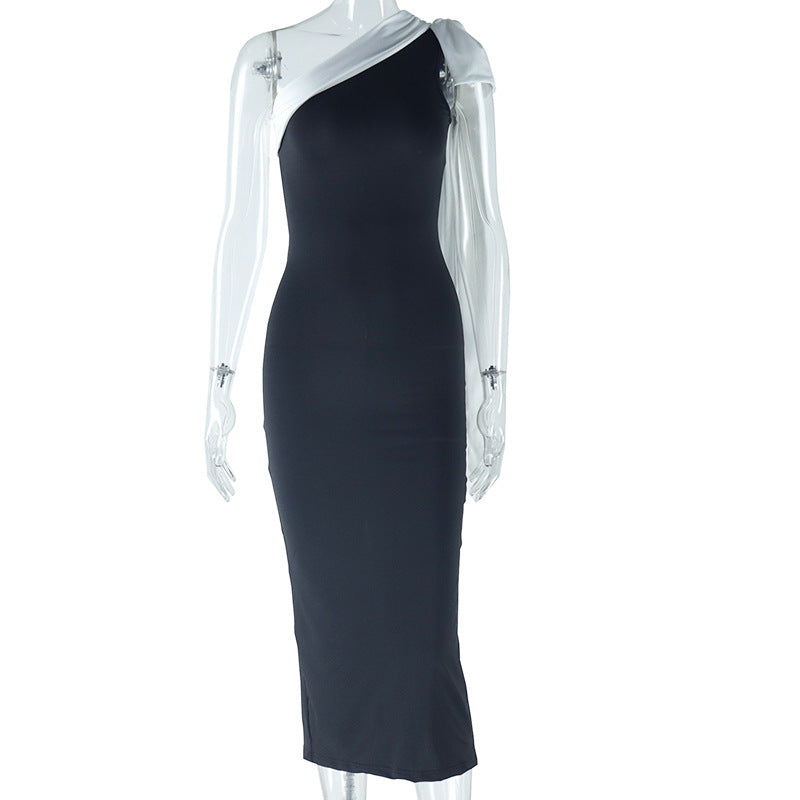 Women's solid color stitching dress sexy sleeveless ribbon temperament one-step skirt