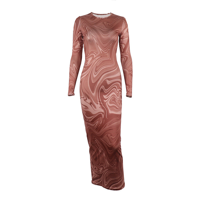 Wind tight mid-length dress round neck short sleeves long sleeves printed hip-wrapped pullover