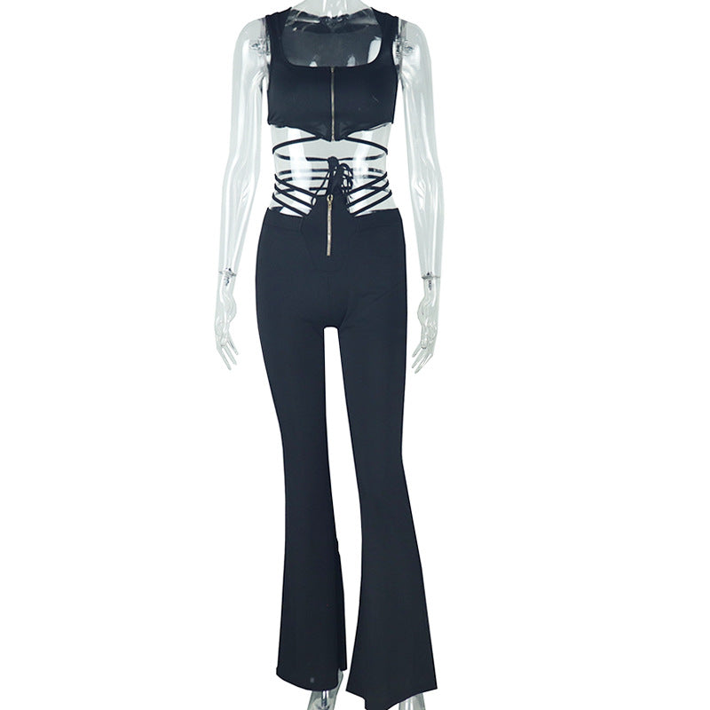 New style women's sexy black sleeveless top high waist strap tight sports pants suit