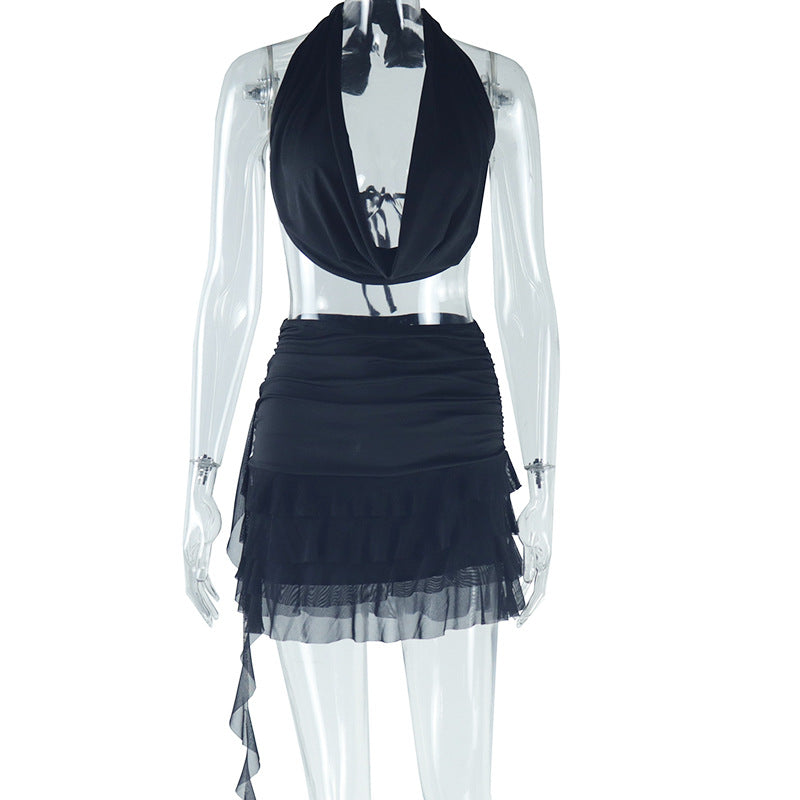 Women's solid color skirt suit sexy halter neck sleeveless bellyband mesh stitching skirt suit