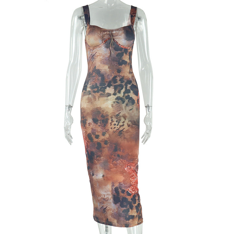 Women's Printed Dress Sexy Suspender Wrap Chest Backless Sleeveless Dress