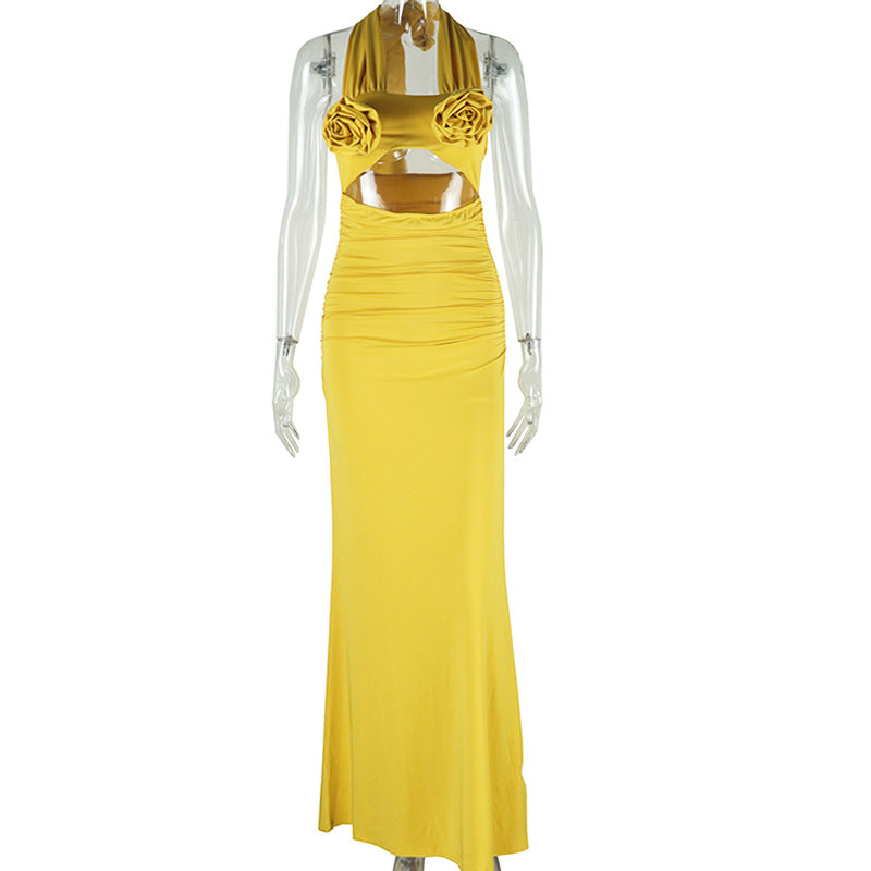 Autumn sweet and fresh halter neck three-dimensional flower decoration high waist one-step skirt dress long skirt