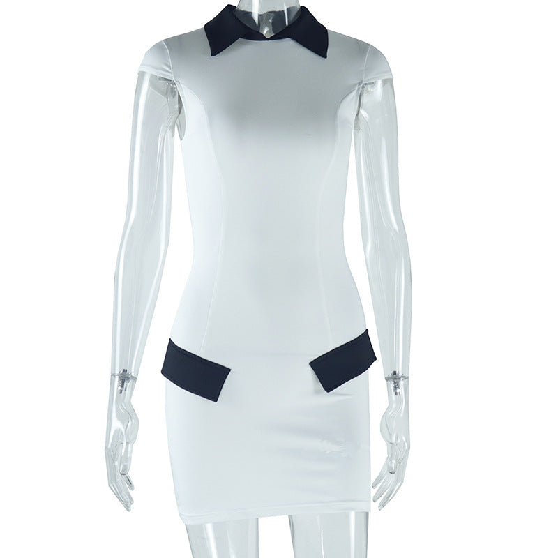 Women's solid color dress short sleeve lapel contrast color pocket contrast color hip-wrapped temperament skirt