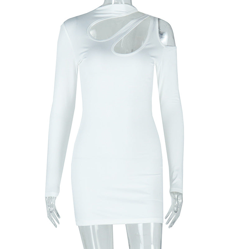 Women's fashion elegant tight hip skirt long sleeve round neck solid color short dress