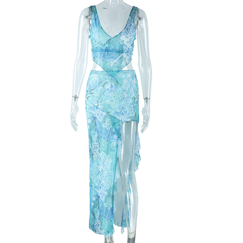 Fashionable printed irregular tops, sexy small vest, backless lace-up slit hip skirt suit
