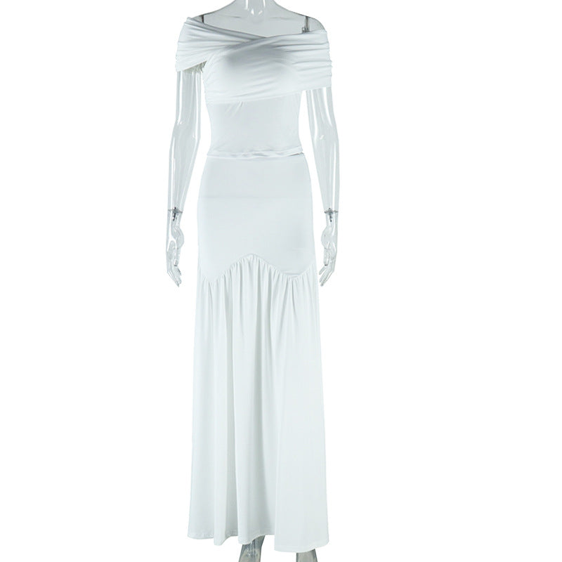 Women's solid color skirt suit sexy sleeveless one shoulder small vest pleated skirt